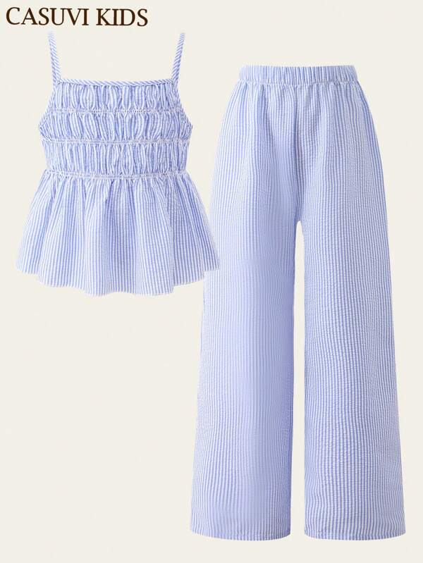 Mädchen Frühjahr/Sommer Lässig süß strukturierter Bubble Krepp Trägerhemd mit weitem Bein Hose 2 Teile Set, geeignet für Alltag, Pendeln, Urlaub, Ausflüge, Fotoshooting Zwei Teile Sets für Mädchen