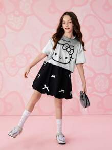 HELLO KITTY AND FRIENDS | SHEIN Tween Girl Cartoon Print Grey Casual Short Sleeve T-Shirt, Summer