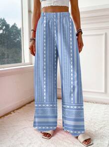 Travachic Women's Geometric Print Loose Wide Leg Casual Vacation Pants,Fall Women Clothes - Blue - View 3
