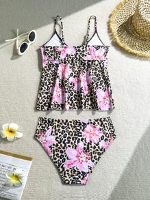 SHEIN Teen Girls' Floral & Leopard Print Twist Ruffle Tankini Swimsuit Set, Bathing Suits For Teens Sets Summer Holiday - Multicolor - View 2