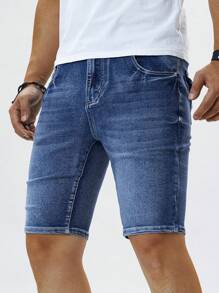 Manfinity Homme شورت جينز رجالي بقصة نحيفة مريحة ، صيفي - الأزرق - مشاهدة 5