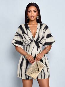 SOLERSUN Women's Floral Print Deep V-Neck Batwing Sleeve Ruched Waist Pleated Jumpsuit