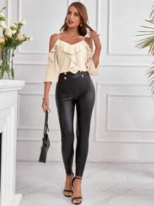 SHEIN Clasi Camisa primaveral de mujer de unicolor con hombros descubiertos y volantes - Caqui - Ver 4
