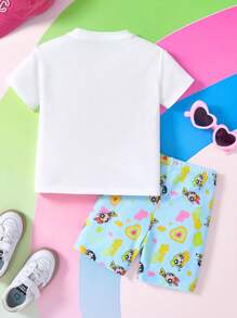 THE POWERPUFF GIRLS X SHEIN Set da ragazza di maglietta a maniche corte con stampa di lettere cartoni animati e pantaloncini corti, stile casual, per l'estate