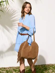 SHECARRY Women's Boho Suede Tote Bag With Tassel Trim - Rich Brown Large Capacity Shoulder Bag For Vacation, Travel & Daily Use, Stylish Spacious Chic Beach Bag