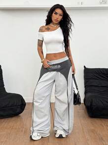 Coolane Conjunto de verano para conciertos de mujer, estilo minimalista Y2K básico, camiseta de punto gris de ajuste ceñido y hombros descubiertos