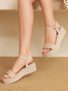 Styleloop Women's Apricot Wedge Heel Woven Straw Rope Platform Open Toe Strap Casual Comfortable Vacation Travel Wedge Sandals, Bohemian Style, Suitable For Music Festivals, Parties