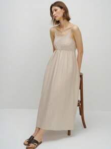INAWLY Women's Solid Color Minimalist Linen-Look Long Dress, Brown - Brown - View 5