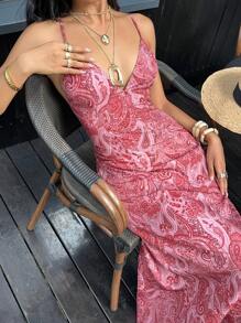 SHEIN Unity 女式夏季海滩度假佩斯利印花露背系带纽扣设计细肩带连衣裙 - 紅色 - 查看 3