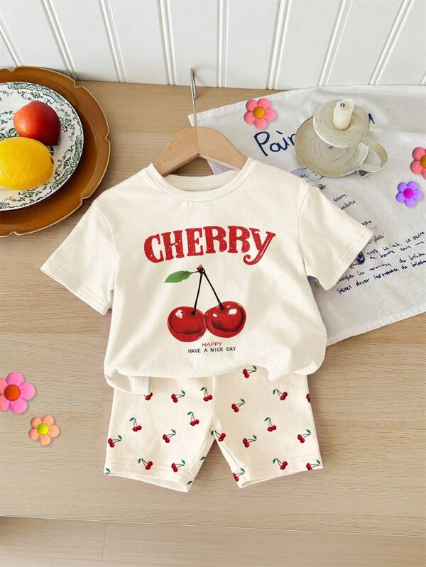 SHEIN Set de tricou și pantaloni scurți strâmți cu guler rotund, model drăguț de cireșe pentru bebeluși, potrivit pentru primăvară/vară