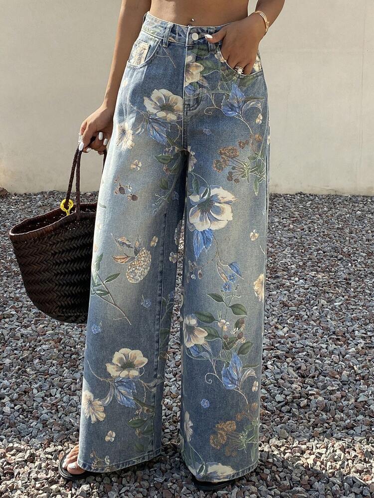 Women's Loose Fit Floral Printed Wide Leg Denim Jeans, Summer Vacation