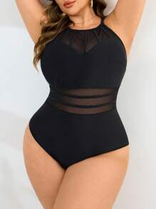 Swim Lushoire Plus Size Women's Elegant Black One-Piece Swimsuit With Semi-Sheer Mesh Panels And Tie Back Detail
