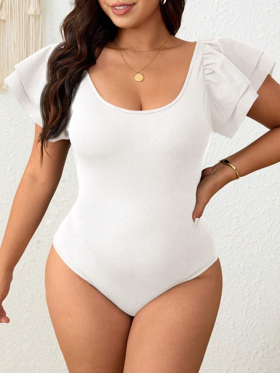 SHEIN Frenchy Bộ đồ liền thân tay ngắn tối giản trơn cỡ lớn cho nữ - trắng - Xem 1