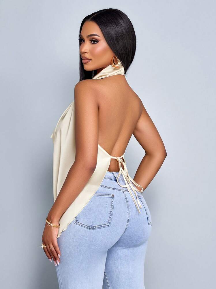 SOLERSUN Spring And Summer Women's Wear Leisure Vacation Apricot Glossy Fabric Deep V Neck Halter Straps Swing Neck Curved Hem Backless Straps Woven Fabric Vest - Apricot - View 2