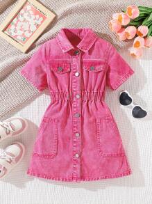 Vestido vaquero para niñas de Denimly, vestido vaquero versátil de moda casual para usar al aire libre y en la escuela, con botones delanteros y cintura elástica
