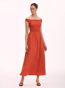 SHEIN Unity 女士优雅简约休闲纯色露肩A字连衣裙 - 紅木色 - 查看 4