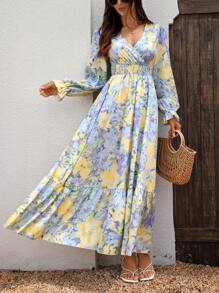 EMERY ROSE Women's Plant Print Wrap Waist Midi Dress Maxi Women Outfit Fall Cloth For Women