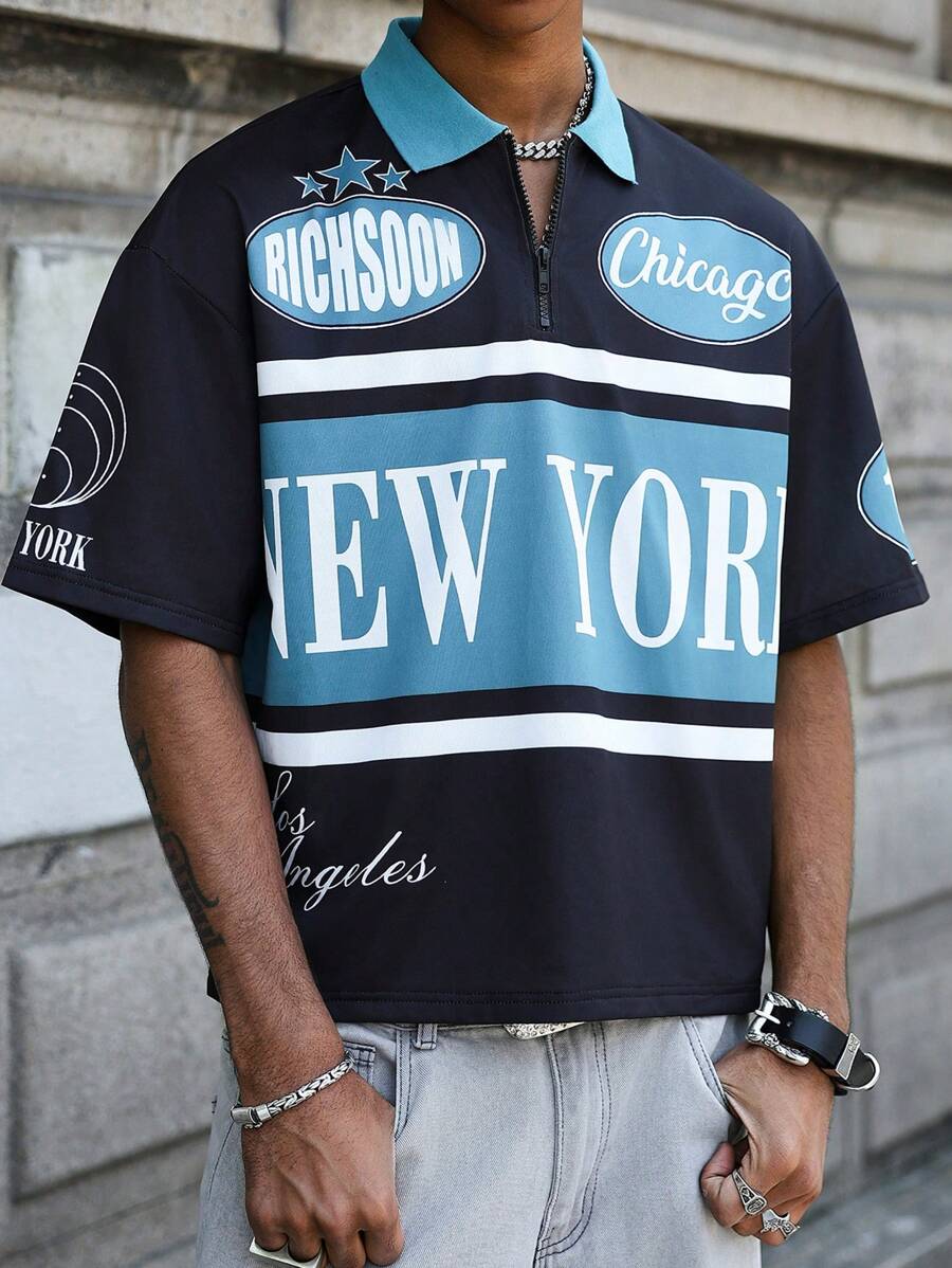 Aesthetic Post 男士字母与花卉印花拼布领时尚 Polo 衫，夏季上衣短款短款上衣男士图案短款 - 彩色 - 查看 1