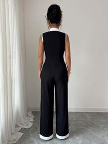 Elenzga Summer Autumn New Elegant Casual Slim Fit Splice Shirt Collar Sleeveless Open Front Short Top T-Shirt And Straight Pocket Knit Pants Women 2 Pieces Set - Black and White - View 2