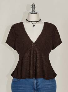 SHEIN ICON Plus Size Black V-Neck Lace Trim Babydoll Knit Top,Going Out Tops Women