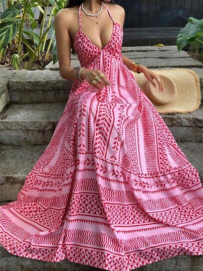 Sunnyshic Pink Digital Print Fitted Waist Vacation Style Deep V-Neck Halter Backless Tie Dress