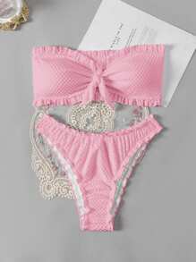 Swim Mod Women's Solid Color Textured Bikini Swimsuit Set, Vacation And Beach For Summer - Pink - View 1