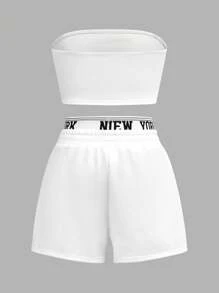 SHEIN Girlism 2 pièces Ensemble Sweat-shirt et short imprimé slogan Y2K pour filles pré-adolescentes, Top de camisole tricotée court, décontracté, streetwear, blanc