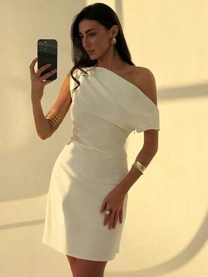 Aloruh Elegant Asymmetric Shoulder Sexy Slim-Waist Mini Dress, Simple Solid White Color Commuting Dress White Dresses For Women