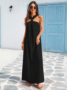 Vivid Eden Spring & Summer Vacation Halter Split Beach Dress,Women Summer Clothing,Vacation Style Vacation Dress - Black - View 5