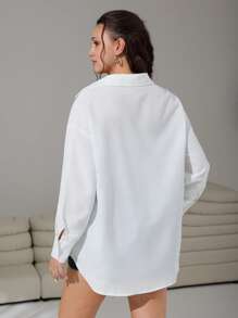 SHEIN EZwear Camisa Feminina Plus Size Com Bolso De Ombro Em Cor Sólida - Branco - View 7