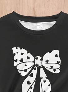 SHEIN Ensemble de vêtements de nuit en 2 pièces pour préadolescentes : t-shirt à col rond à manches courtes avec motif graphique minimaliste en nœud papillon et pantalon large à jambe droite - Multicolore - Voir 4