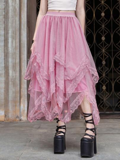 Goth Damen Kontrast-Spitzen Transparentes Netz Rock mit asymmetrischem Saum, Rosa