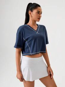 Hanevo Kontrastreicher Kragen V-Ausschnitt lässiges, vielseitiges Kurzarm T-Shirt für den Sommer - Blau - Übersicht 5