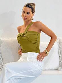 SHEIN Clasi Top court avec décoration métallique col asymétrique, convient pour l'été - Vert - Voir 4