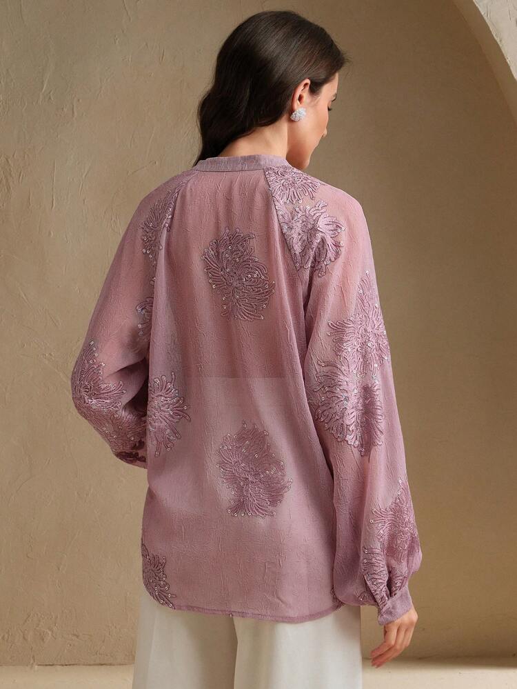 Loose Semi-Sheer V-Neck Embroidered Long Sleeve Shirt With Colorful Sequin Detailing, Elegant Office Style For Women