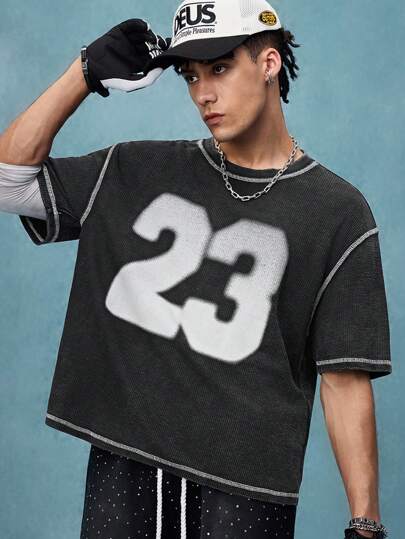 Street Life Camiseta de manga corta con estampado numérico casual para hombres en verano