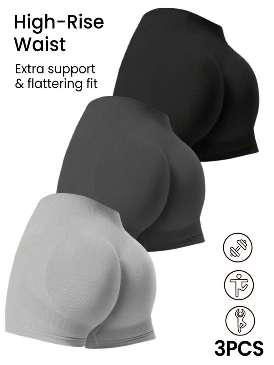 Gameset SHEIN Sport 3pcs Seamless High Elasticity Sport Shorts, Minimalist & Fashionable, Suitable For Summer - Multicolor - View 1