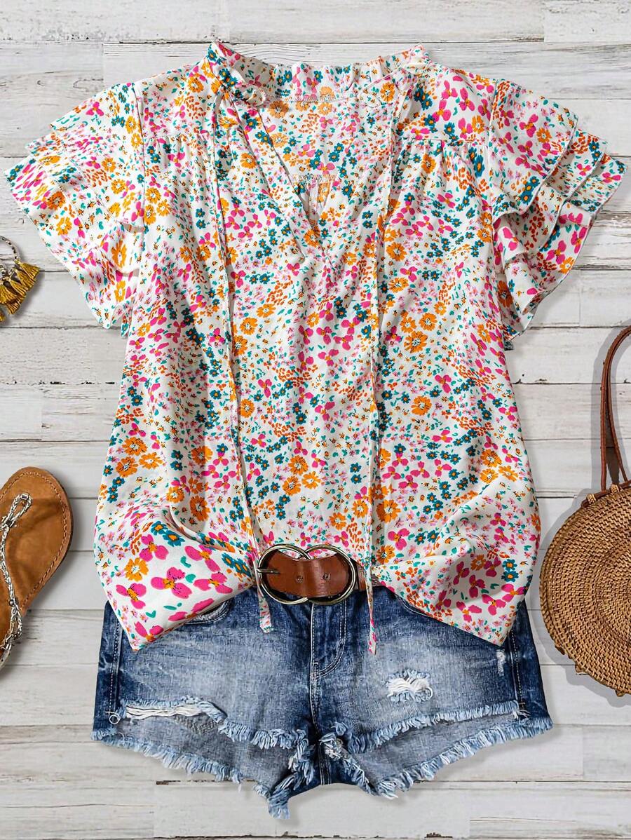 Linhara Women Plus Size Floral Print V-Neck Ruffle Sleeve Casual Everyday Vacation Blouse, Summer - Multicolor - View 1