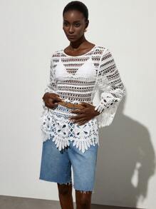 SHEIN Privé Hollow Out Crochet Crew Neck Long Sleeve Women Blouse Fall Cloth For Women - White - View 6