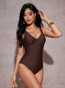 SHEIN Swim Women Solid Color Ruched Tankini Swimsuit With Underwire Support For Summer Beach Vacation