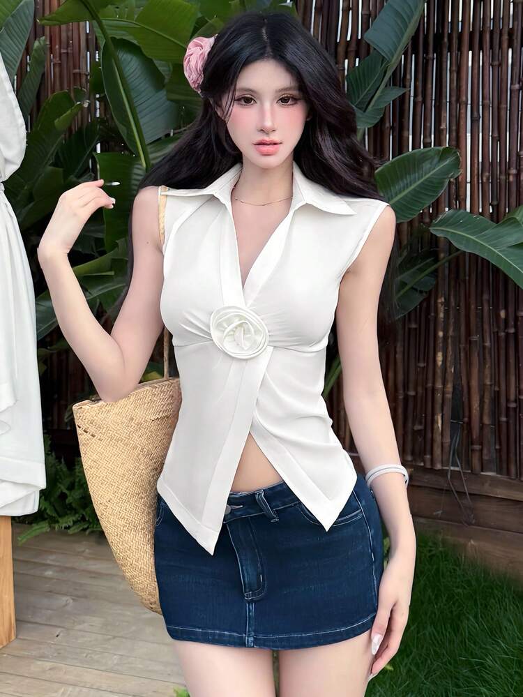 Women's Sleeveless White Blouse With Floral 3D Decor Collar Going Out Tops