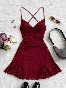 Soleia 女士度假细肩带迷你连衣裙，垂坠领口，露背，蝴蝶结，鱼尾，优雅，女士迷你连衣裙，及膝，散步，浪漫，约会，沙滩装，网眼，年轻，少女