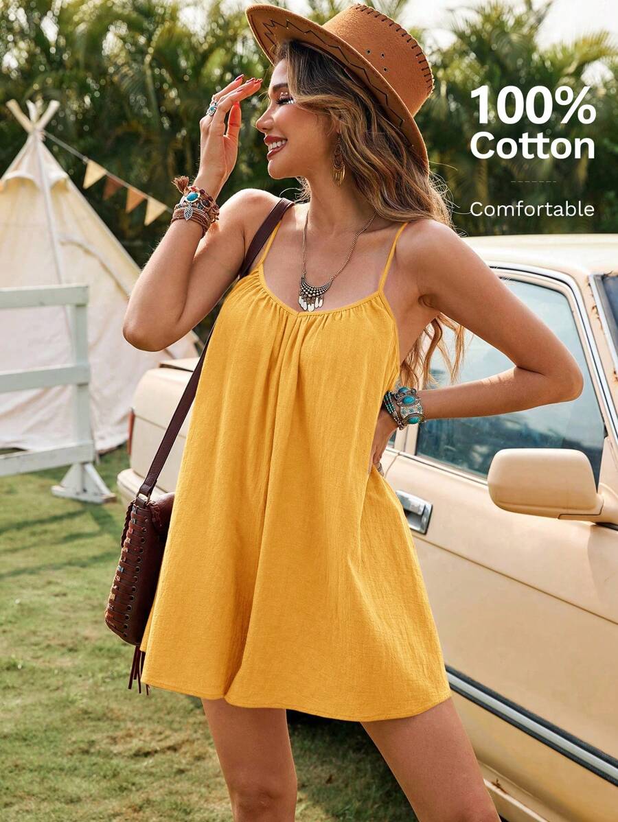 SHEIN VCAY 女士纯色梭织宽松连体裤，适合春夏季度假，度假风格，女士休闲夏季度假服装，波西米亚海滩度假服装，波西米亚风情，节日服装，女士海滩服装，女士夏季服装，毕业服装，海滩必备品，奶油黄色连体裤 - 黃色 - 查看 1