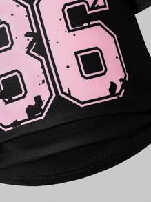 SHEIN 2件套女童休闲简约数字印花T恤和短裤，适合夏季穿着