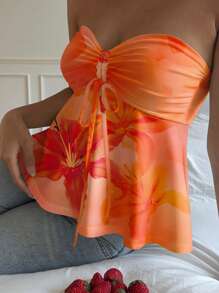 Attitoon Orange Tropical Floral Print Casual Vacation Style, Sexy, Cute Y2K Coconut Girl Boho Vacation Beach Outfits For Women, Springbreak, Brunch-Ready Babyblue, Girls Trip Butter Yellow Neon Beach Vibes, Bohemian Hippie Music Festival Summer Top For Women