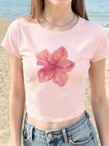 SHEIN GraphicGems Teen Girls Round Neck Short Sleeve Fashion T-Shirt, Suitable For Summer