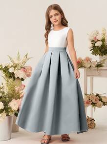 女童缎面 A 字形公主裙，无袖圆领，优雅连衣裙，适合婚礼活动、生日派对、节日、花童和伴娘 - 霧霾藍 - 查看 6