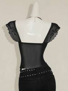 SHEIN ICON Women's Ruched Front Slim Fit Sexy Mesh Insert Cutout Back Camisole Tank Top, Casual Beach Vacation Black Goth Goth - Black - View 2