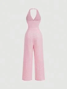 SHEIN MOD Tuta vintage da donna con scollo a V, color rosa antico, con bottoni di perle decorativi - Stile dei soldi vecchi
