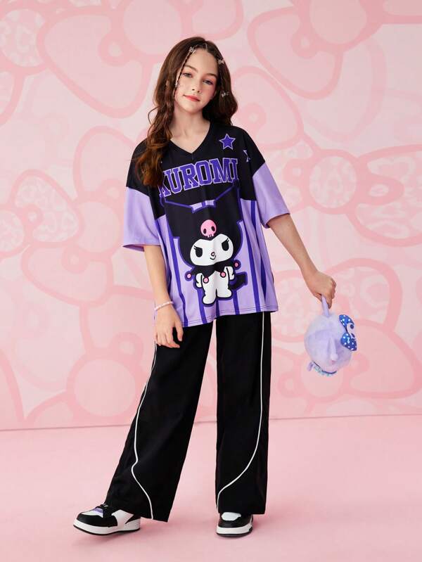 HELLO KITTY AND FRIENDS | SHEIN Tween Girl Cute Cartoon Print Colorblock V-Neck Casual Loose Short Sleeve T-Shirt